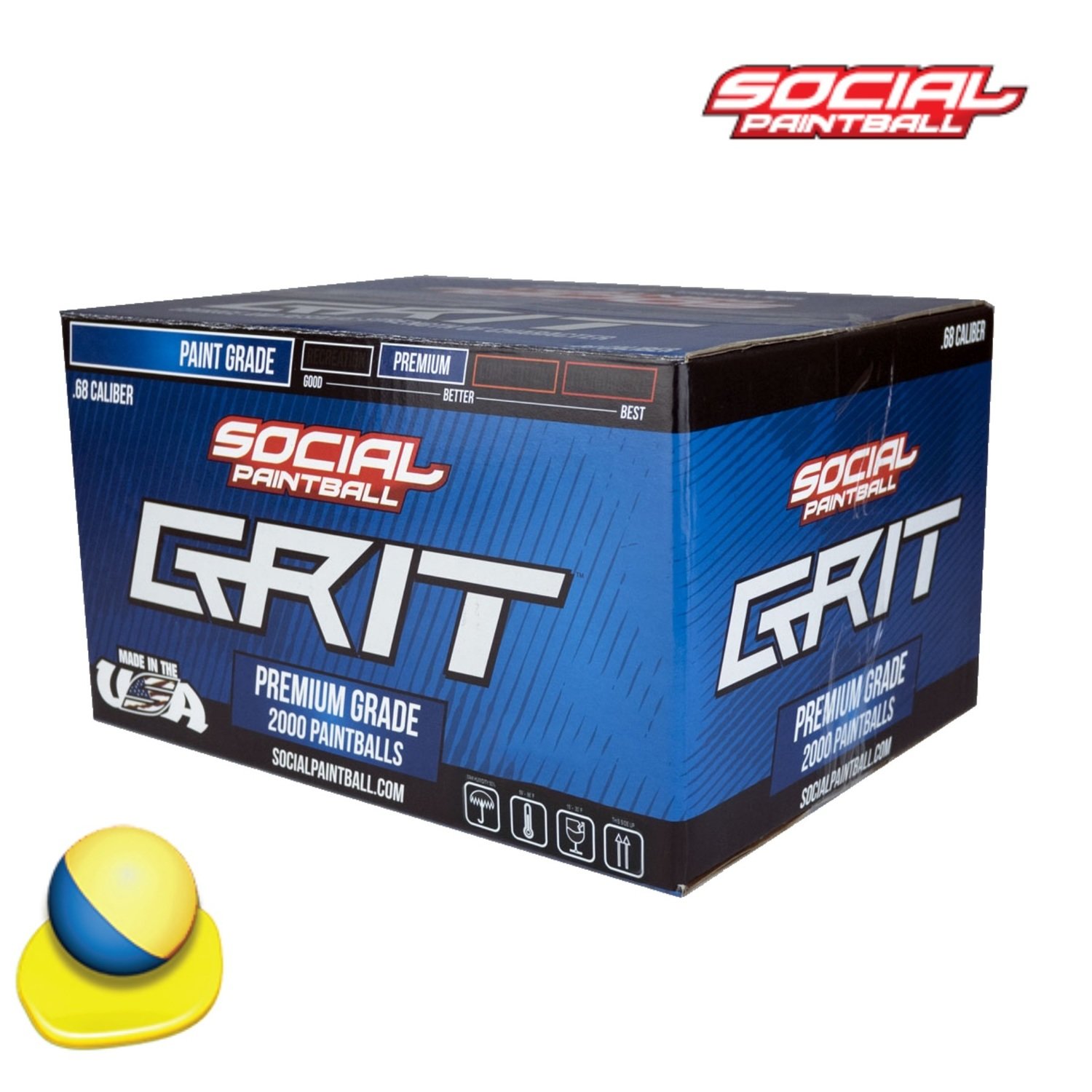 Social Paintball Grit .68 cal Paintballs - Case of 2000 Rds - Blue/Yellow Shell - Yellow Fill