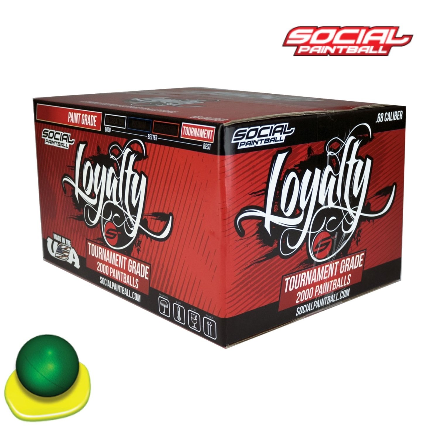 Social Paintball Loyalty Pro .68 cal Paintballs - Case of 2000 Rds - Pine Shell - PRO Green Fill