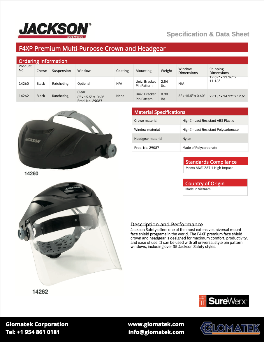 F4XP Face Shield-Clear 8" x 15.5" Window