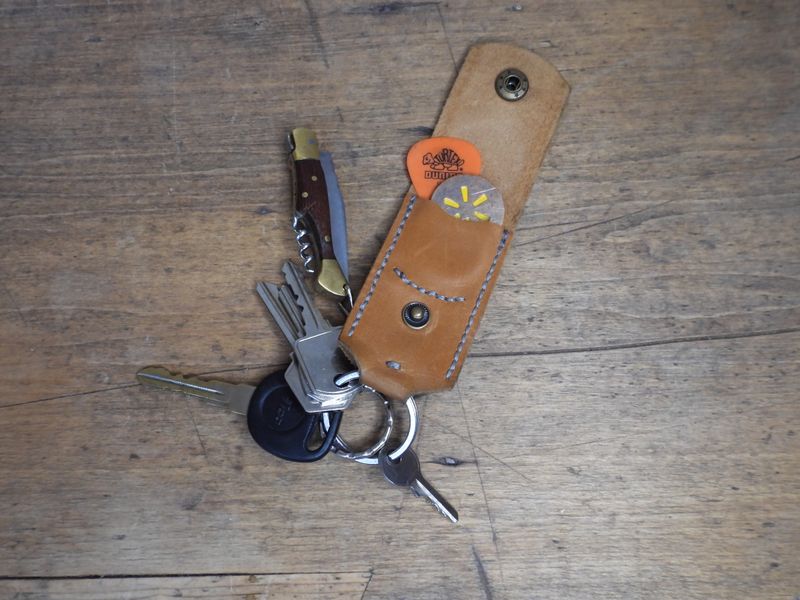 leather keychain AA coin kart guitar pick holder sacrebleu handcrafted handmade Vancouver Island canada