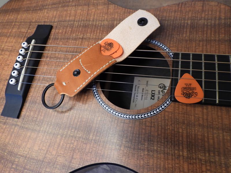 leather keychain guitar pick holder sacrebleu handcrafted handmade on Vancouver Island canada