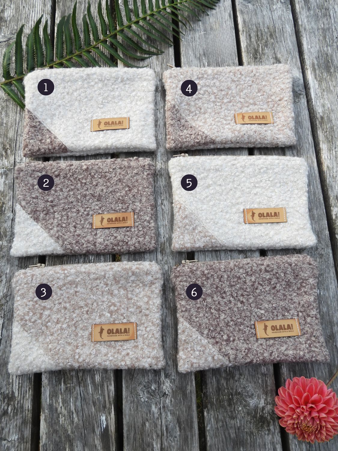 All available color options of handmade pouches by Olala! on Vancouver Island, numbered for easy selection.