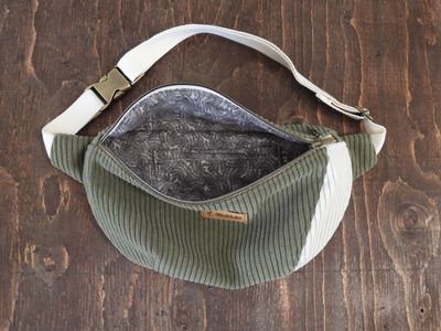Handmade Fanny Pack - Corduroy Khaki &amp; White