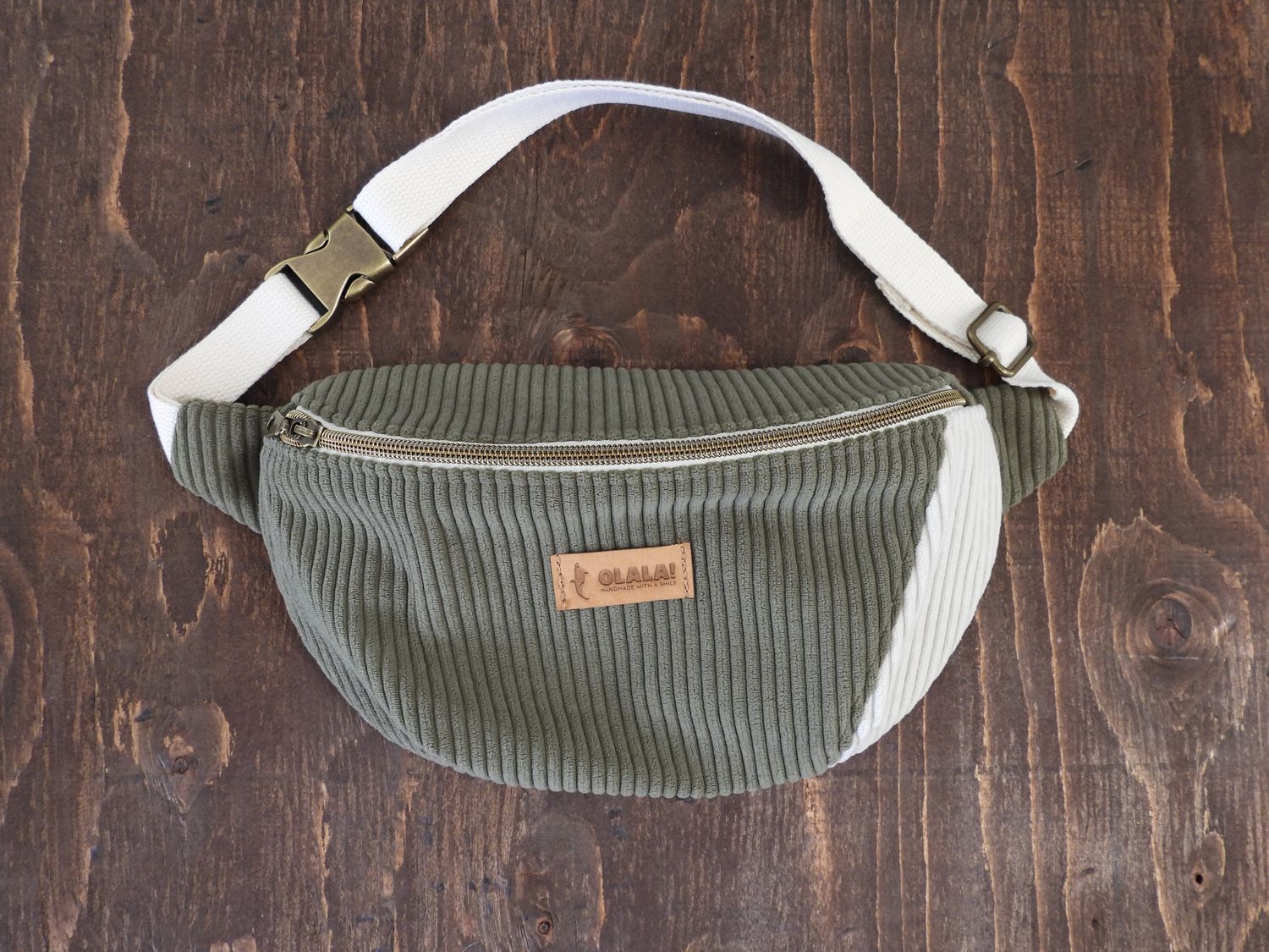Handmade Fanny Pack - Corduroy Khaki &amp; White