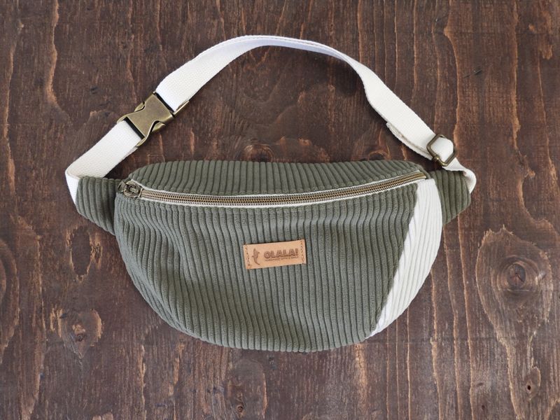 Handmade Fanny Pack - Corduroy Khaki &amp; White