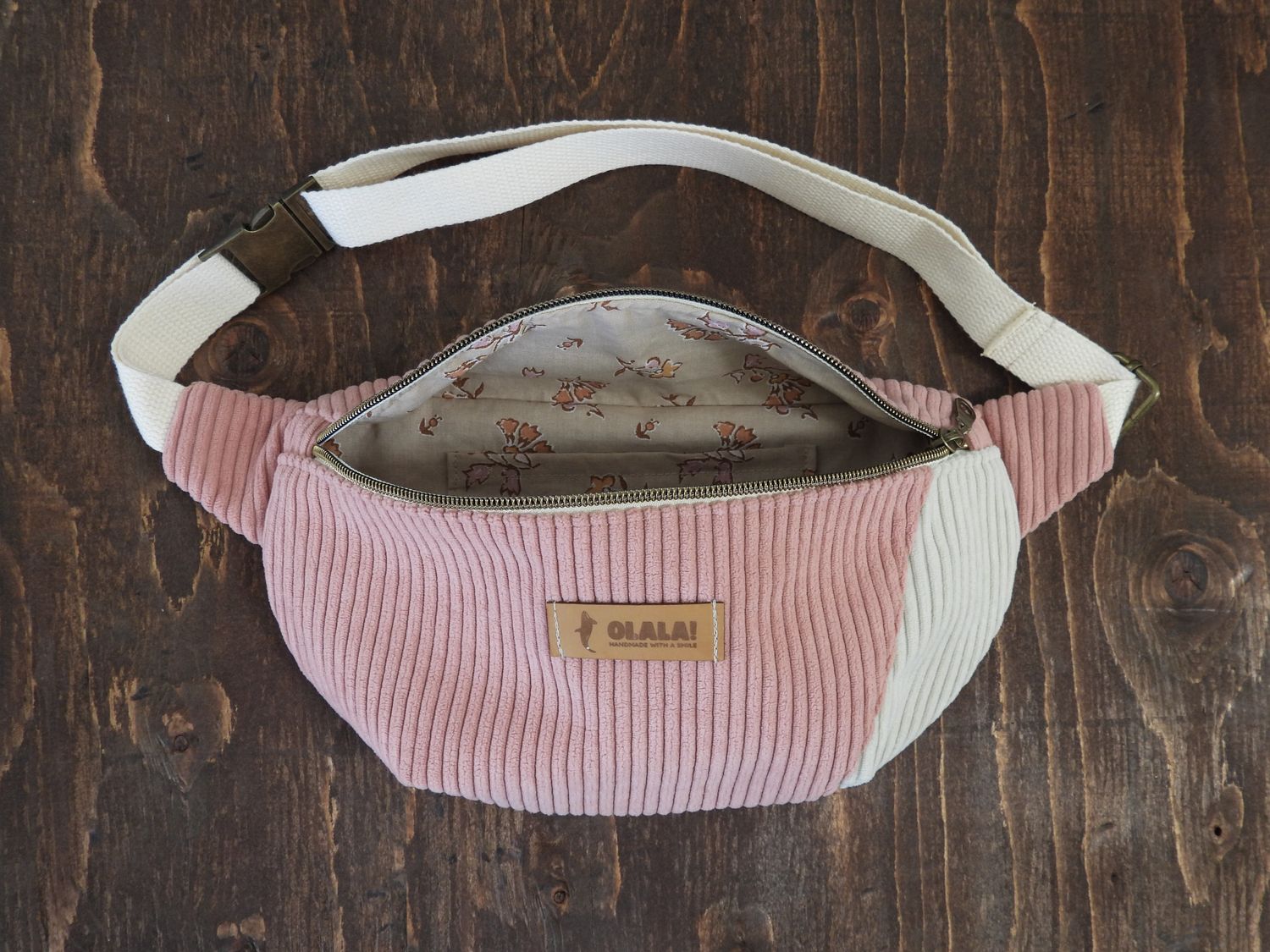Handmade Fanny Pack - Corduroy  Candy Pink &amp; White