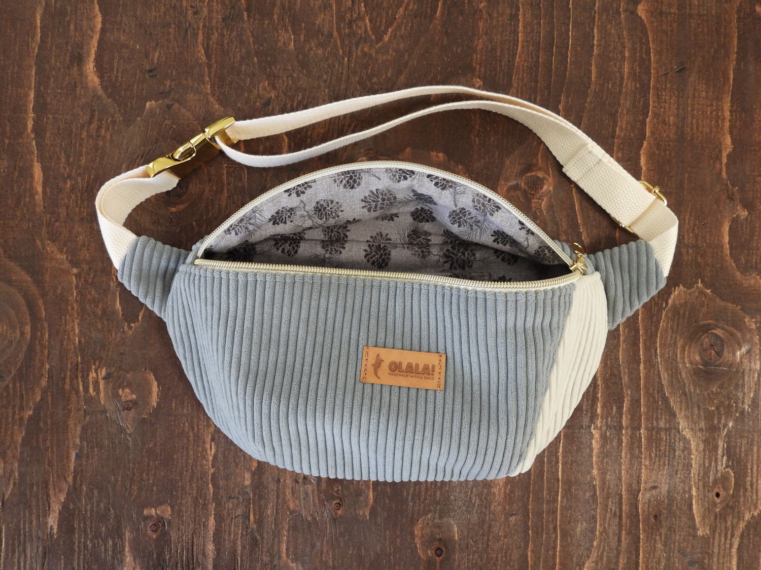 Handmade Fanny Pack - Corduroy  Blue Lichen &amp; White