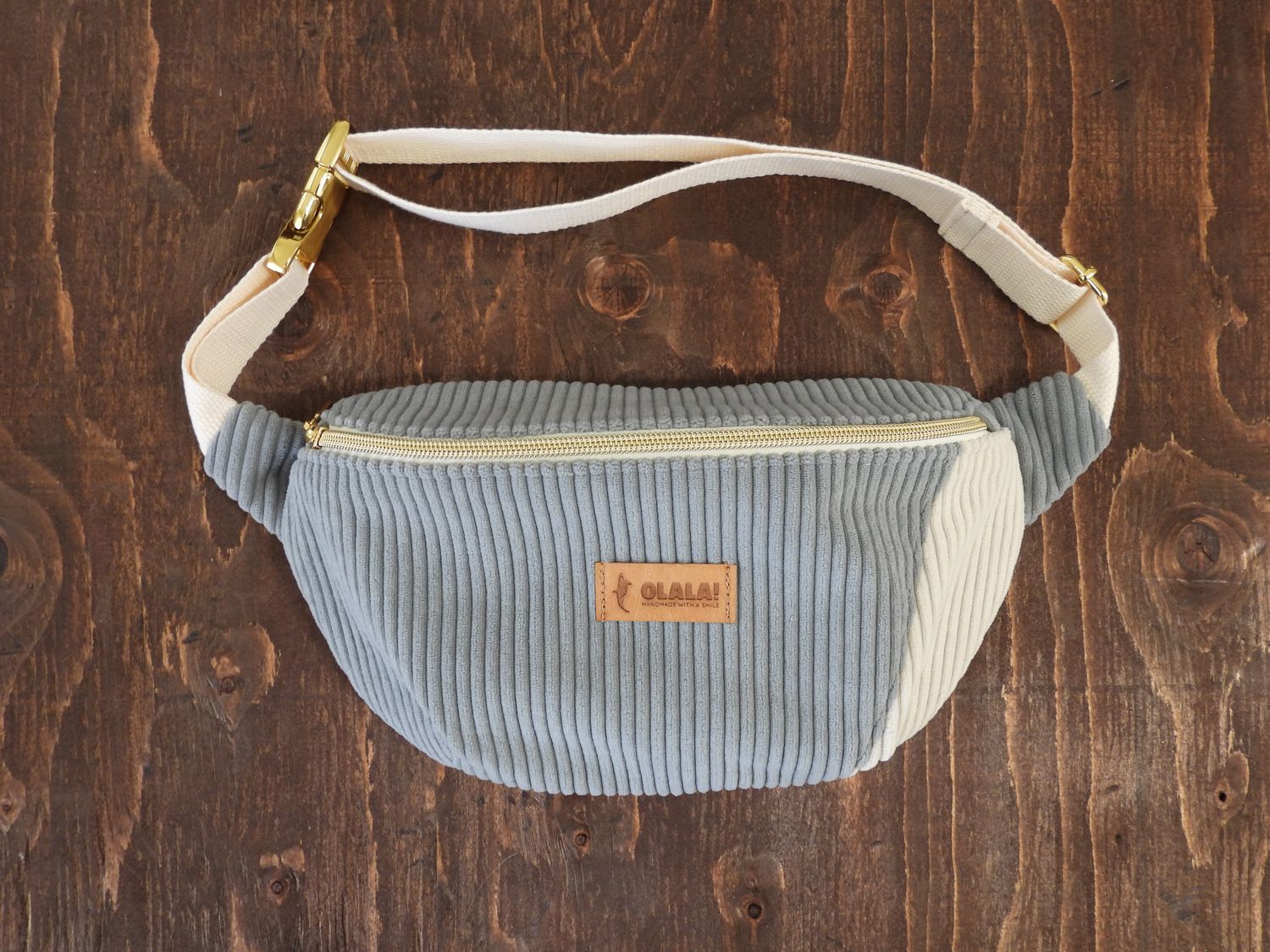 Handmade Fanny Pack - Corduroy  Blue Lichen &amp; White