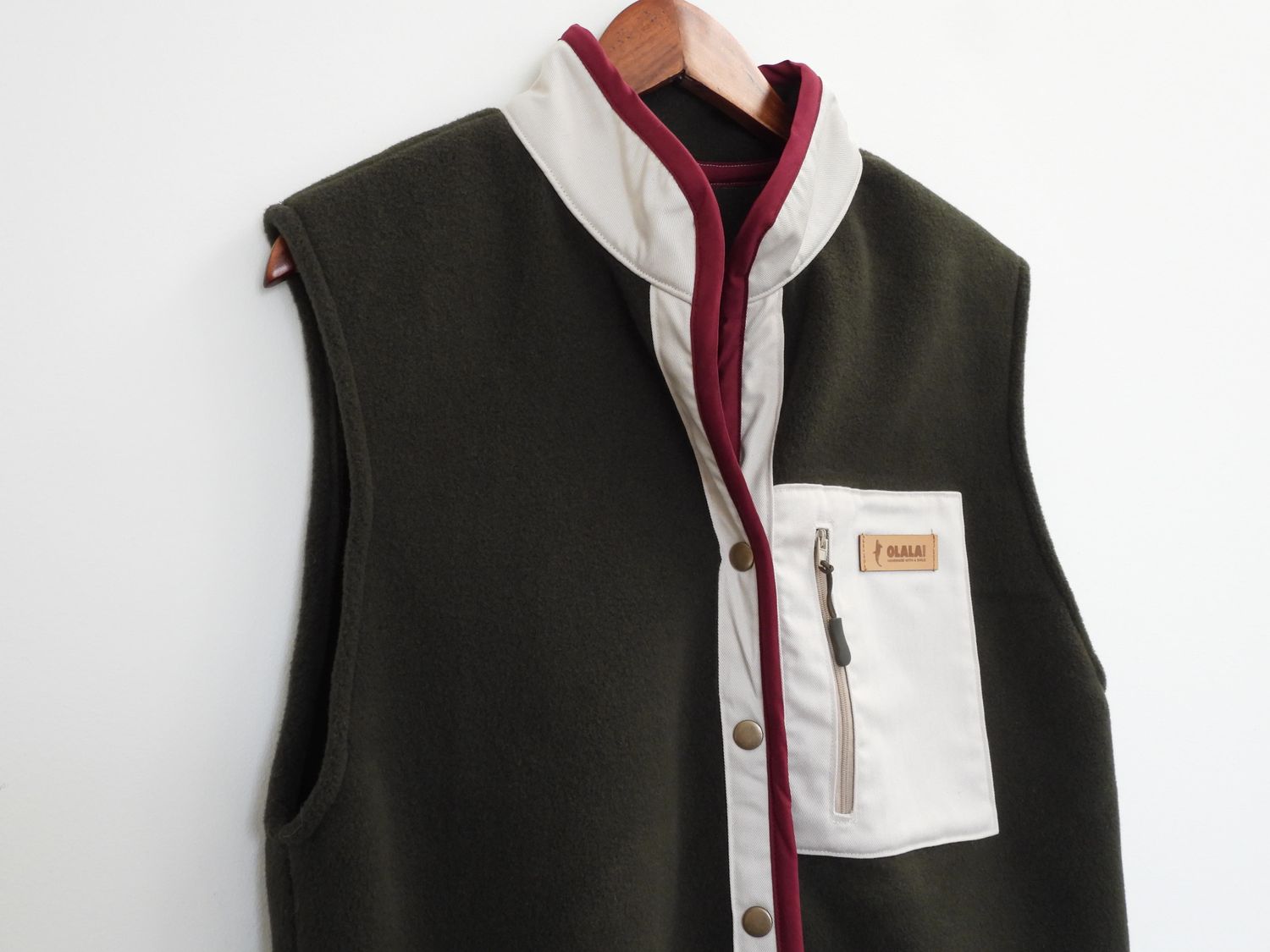 Handmade Fleece Vest - Khaki &amp; Burgundy Details