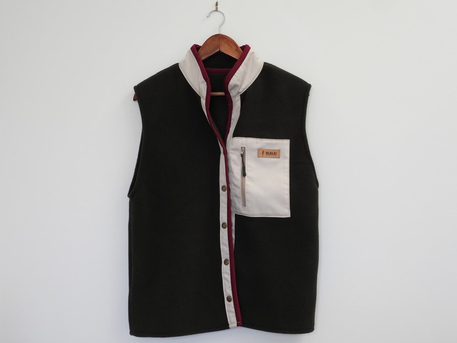 Handmade Fleece Vest - Khaki &amp; Burgundy Details