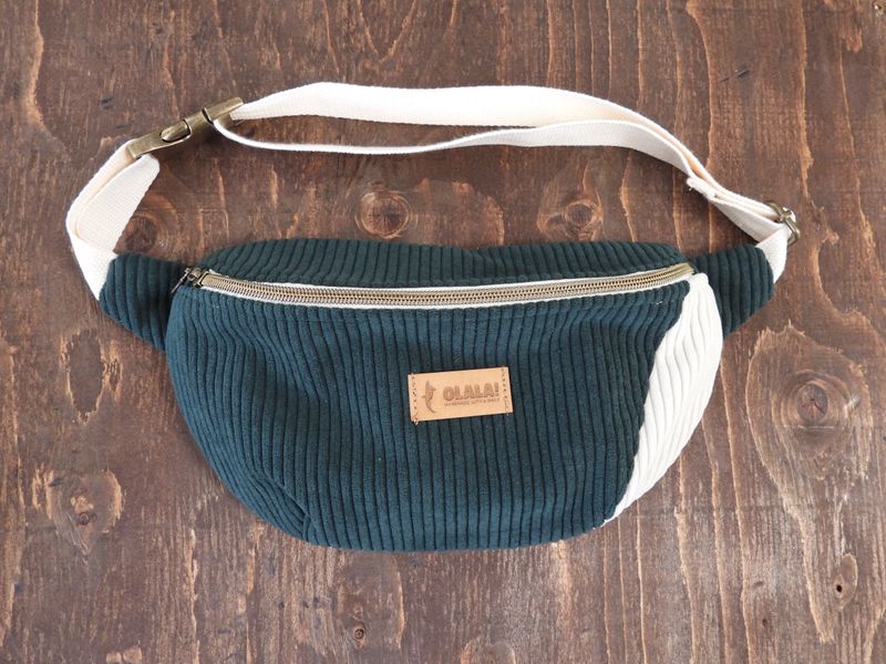 Handmade Fanny Pack - Corduroy  Forest Green &amp; White