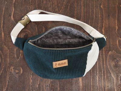 Handmade Fanny Pack - Corduroy  Forest Green &amp; White