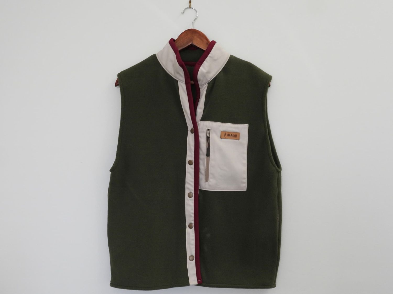 Handmade Fleece Vest - Green Sage &amp; Burgundy Details