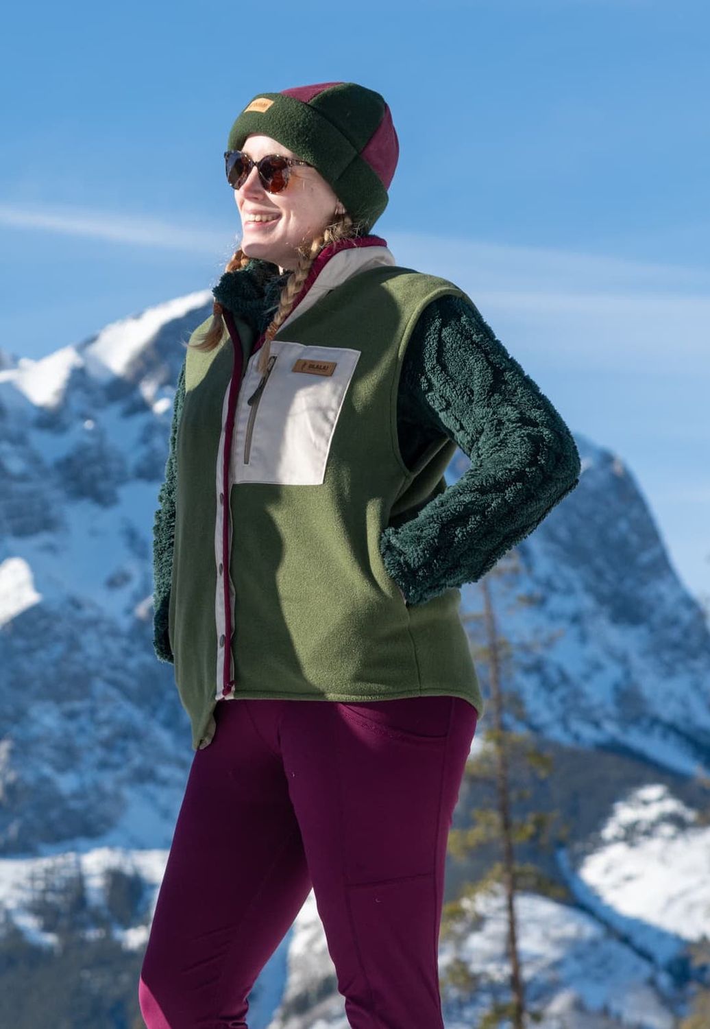 Handmade Fleece Vest - Green Sage &amp; Burgundy Details