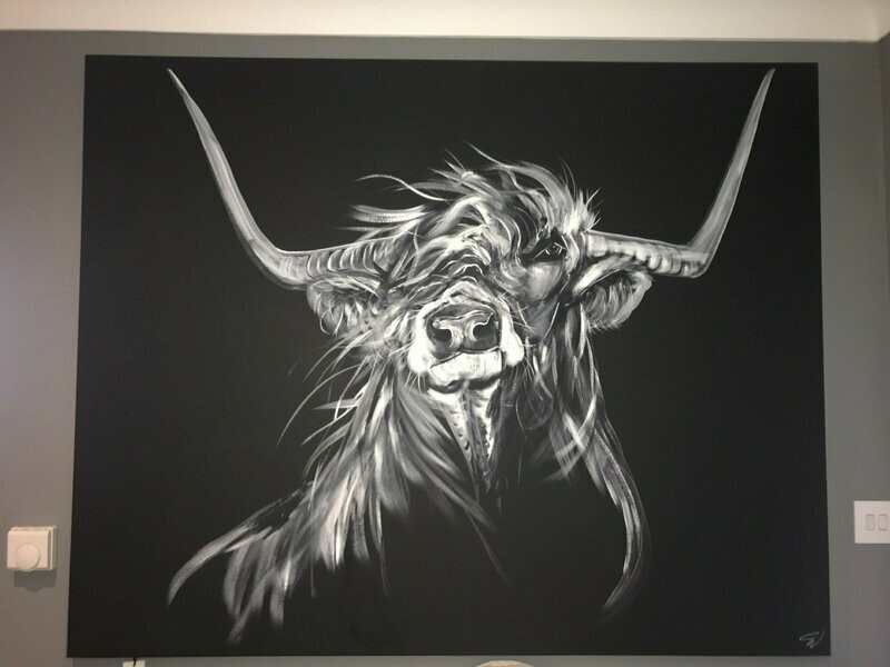 Bull Original Painting By Caroline Walker Black Canvas L