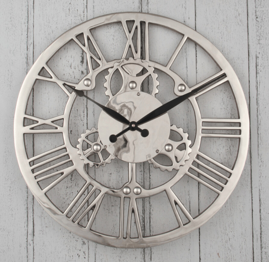Shiny Nickel Cog Design Round Wall Clock