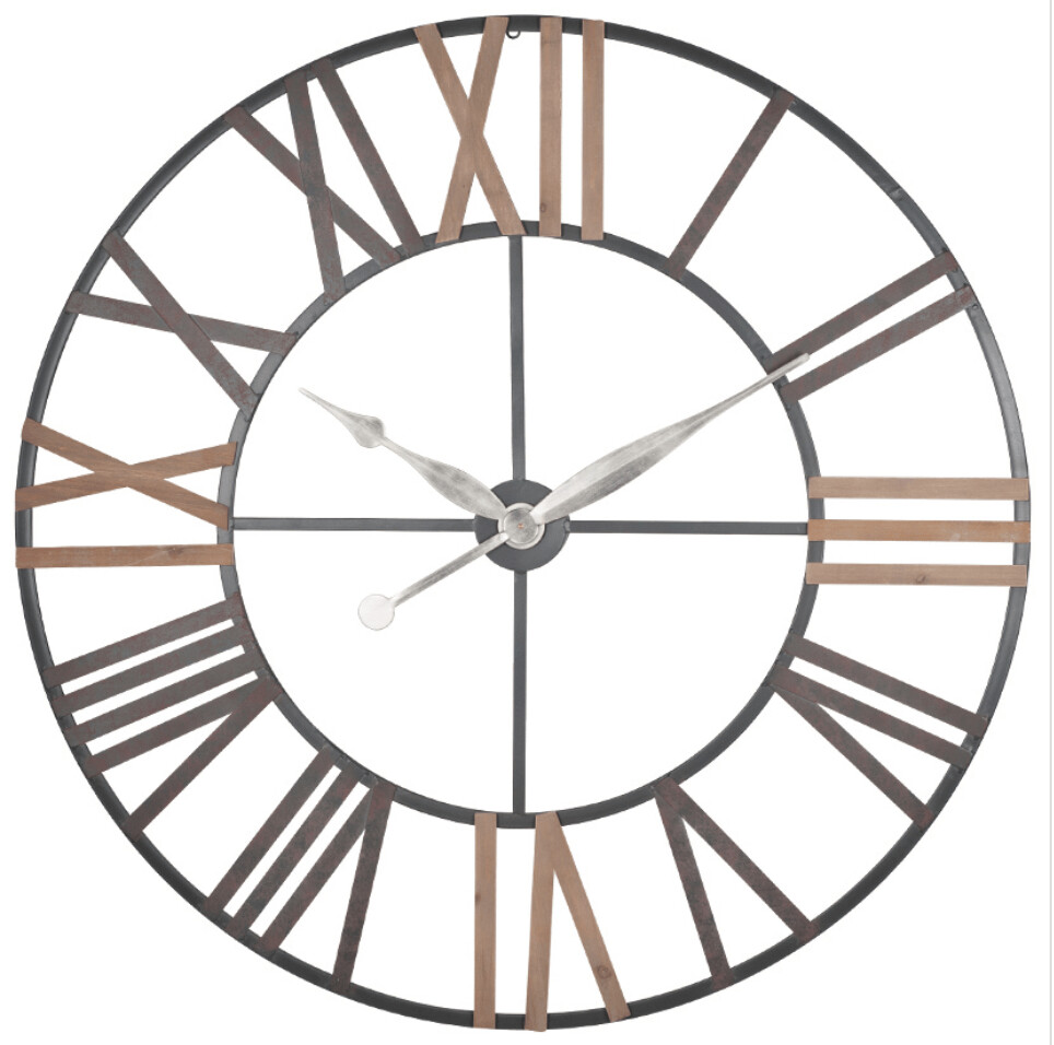 Antique Grey Metal & Wood Round Wall Clock