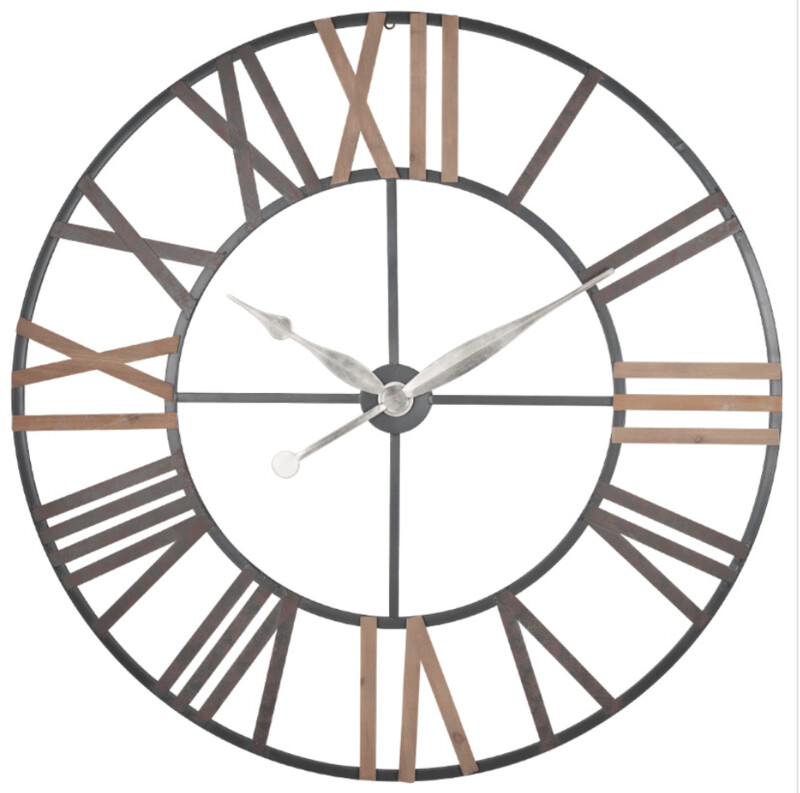Antique Grey Metal & Wood Round Wall Clock