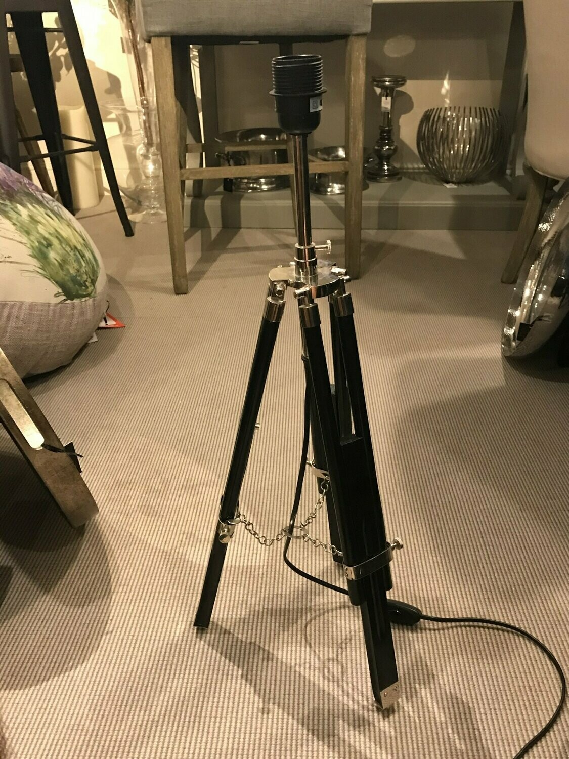 Small Black Wood Tripod Table Lamp
