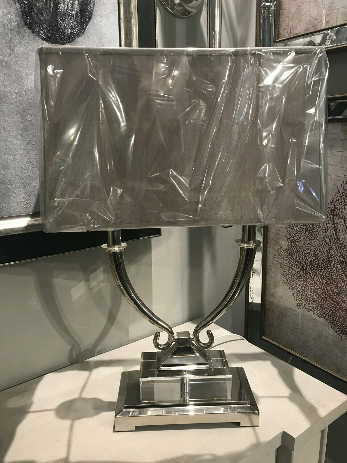 Silver Fin. Twin Arm Lamp W/Shade