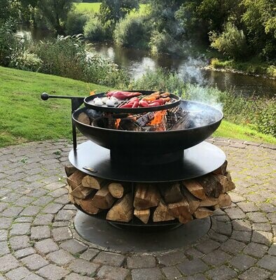 Rolled Edge Fire Pit 90cm With Log Store and Single Swing BBQ Arm