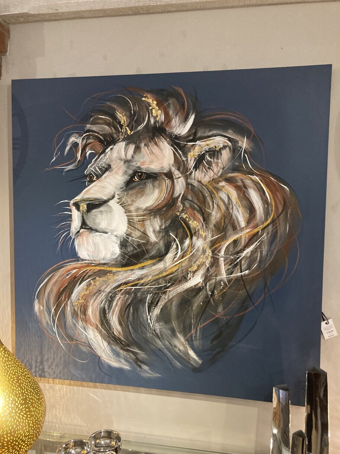 Lion With Gold Original Painting By Caroline Walker Blue Canvas  100x100cm