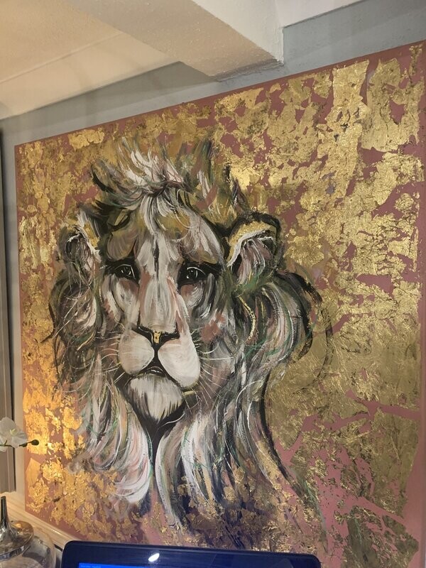 Lion Gold Leaf Original Painting By Caroline Walker Pink Canvas 100x100cm