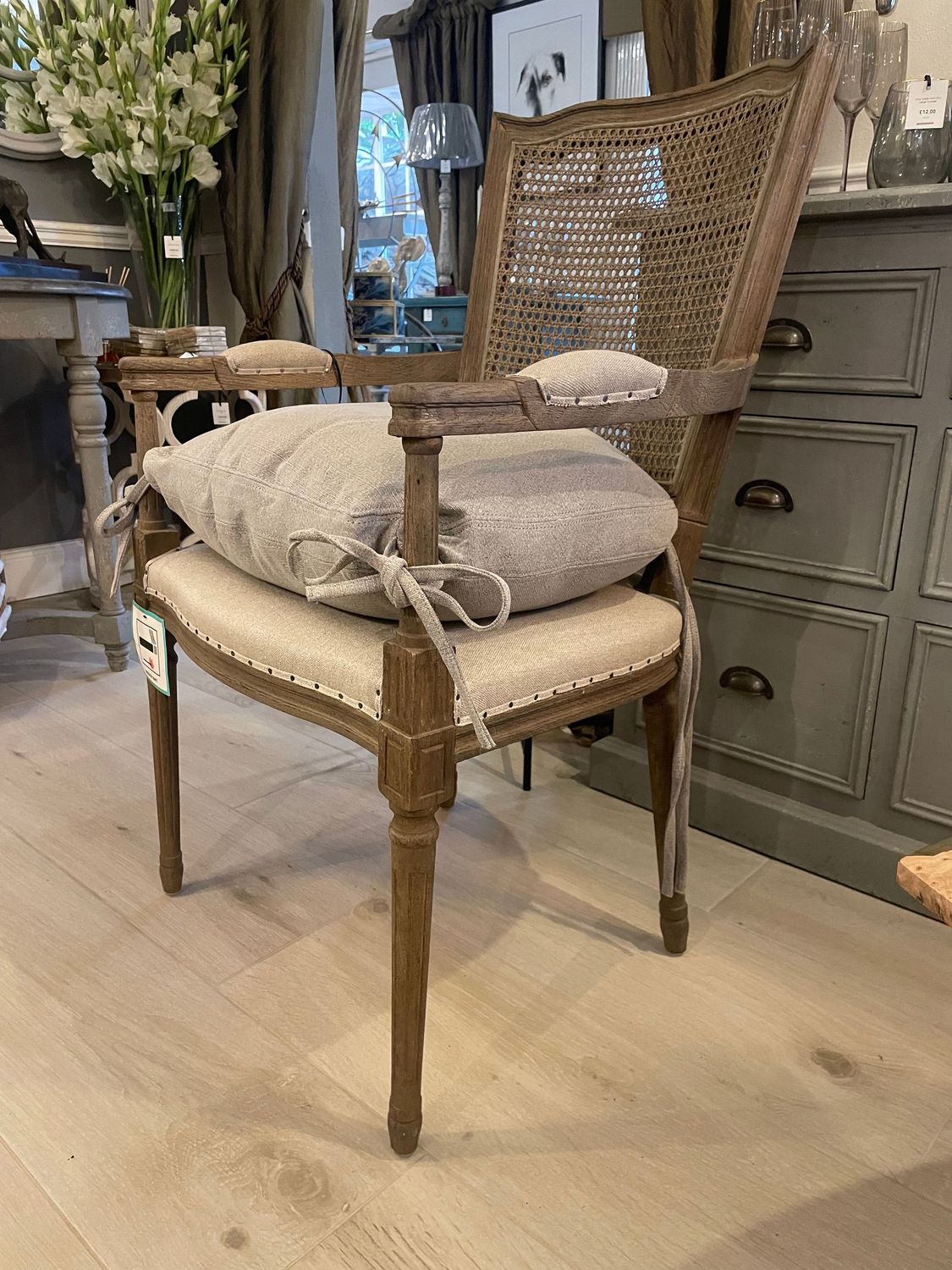 Oak Dining Chair With Arms And Grey Cushion