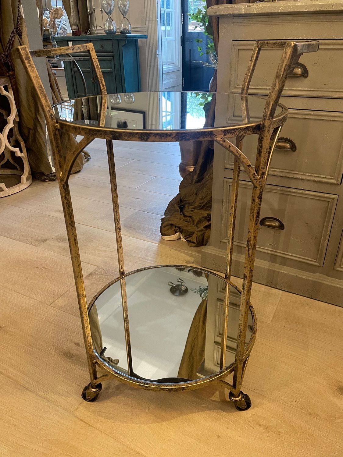 Antique Gold Round Drinks Trolley With Handles