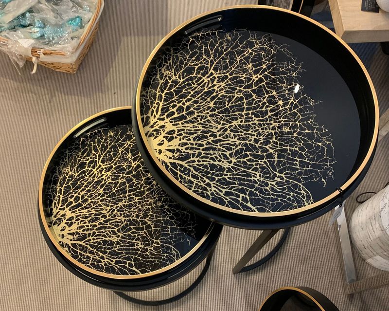 Set Of 2 Tray Top Nesting Black And Gold
