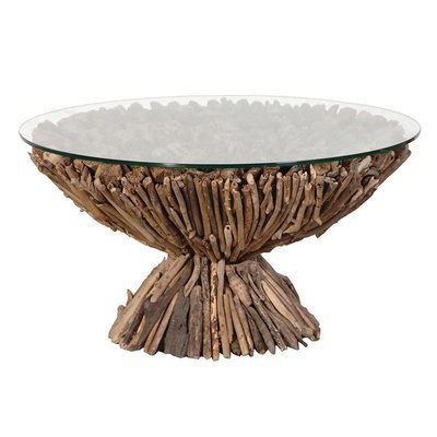 Driftwood Round Coffee Table With Glass Top