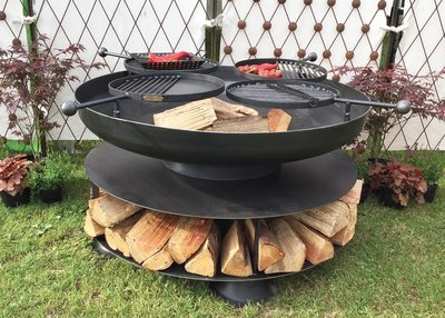 Rolled Edge Fire Pit 120cm with Log Store and 4 BBQ Swing Arms