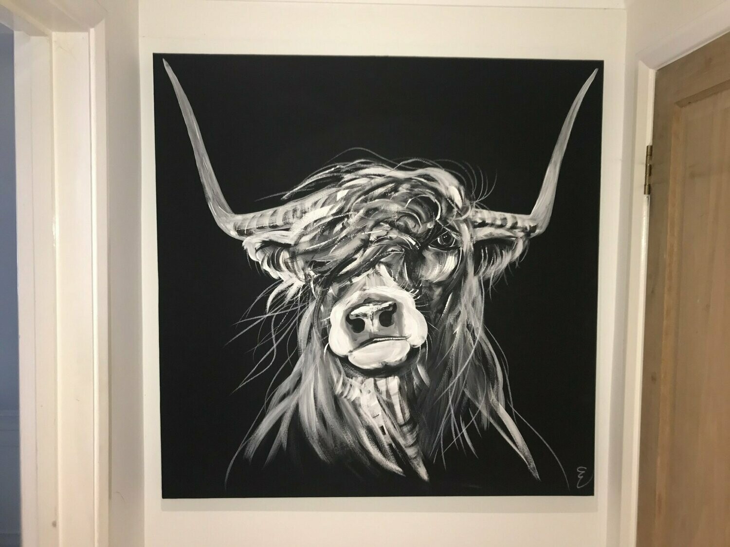 Bull Original Painting By Caroline Walker Black Canvas - 100x100cm