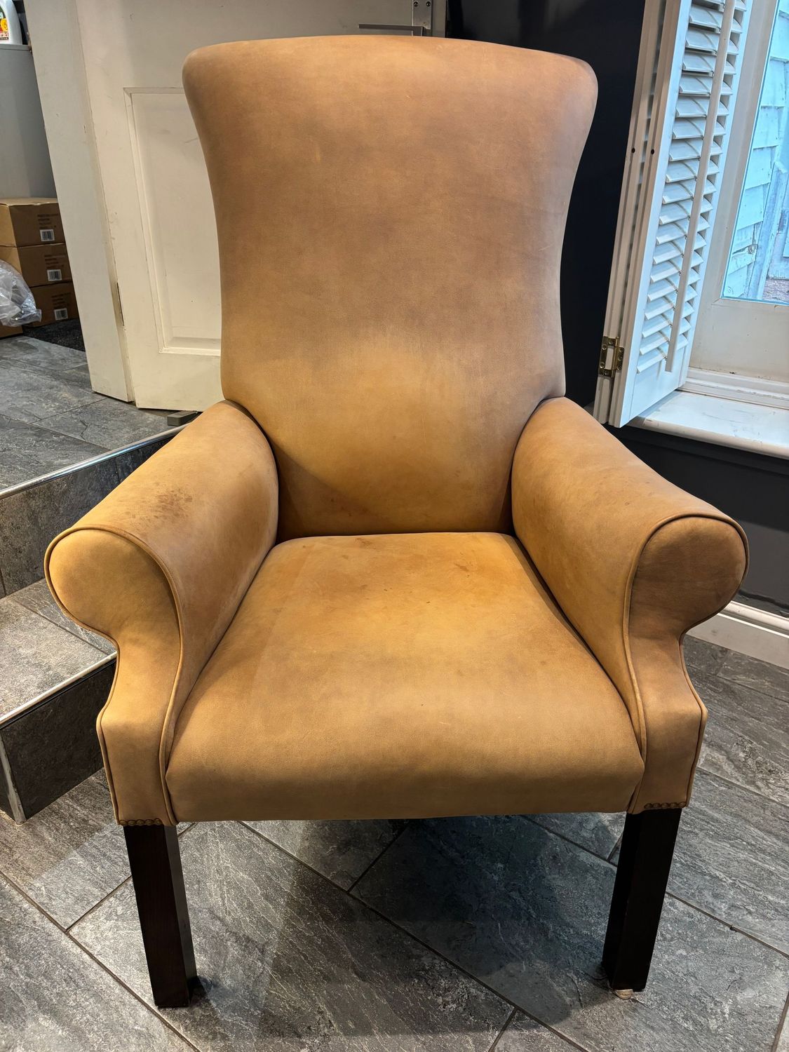 Brown Leather Wing Chair With Foot Stool