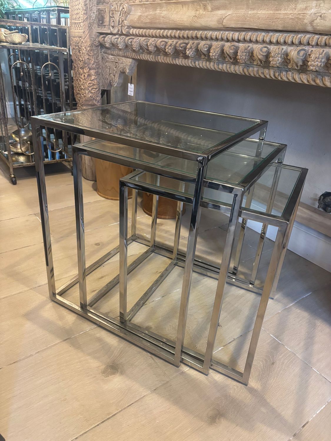 Stainless Steel and Glass Set of 3 Nesting Tables