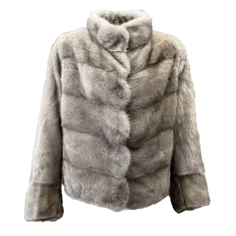 Long Sleeves Grey  Luxury Genuine Mink Fur Coat