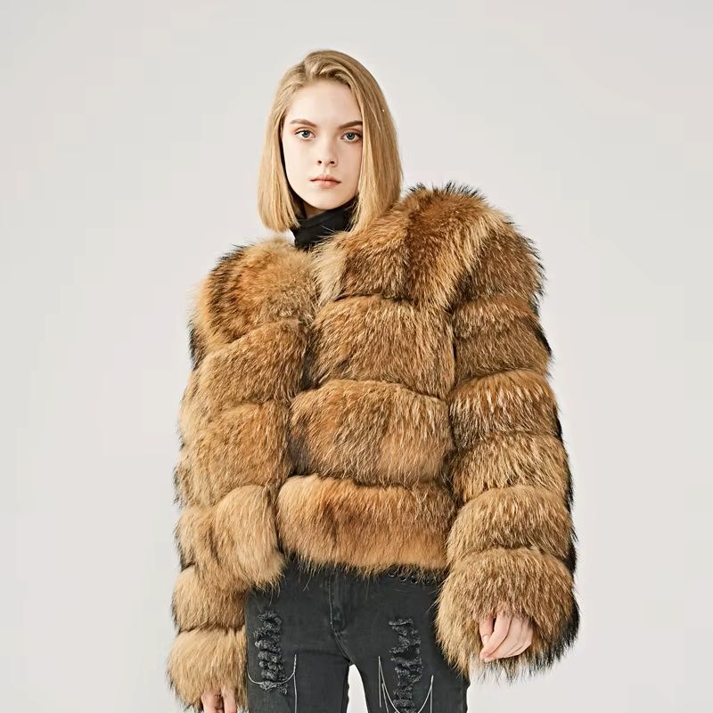 Real Raccoon Fur Coat Medium Length
