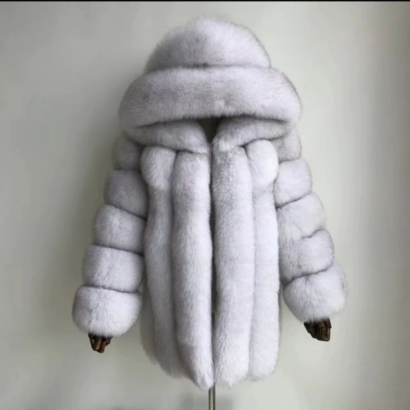 White Silver Fox Hooded Fur Coat White Silver Fox Hooded Fur Coat