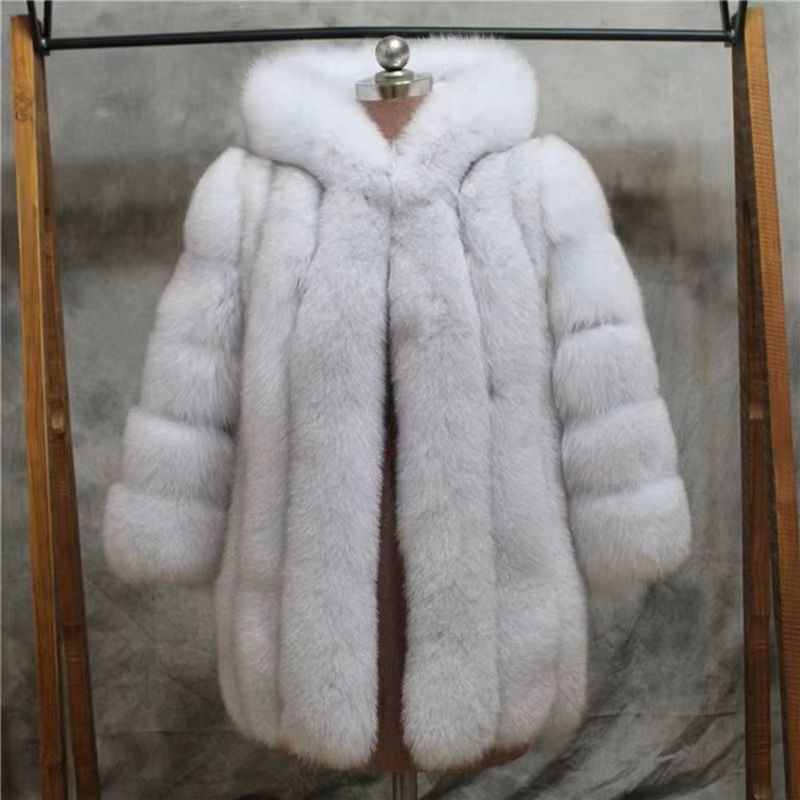 Classic Hooded Fashion Fox Fur Long Coat