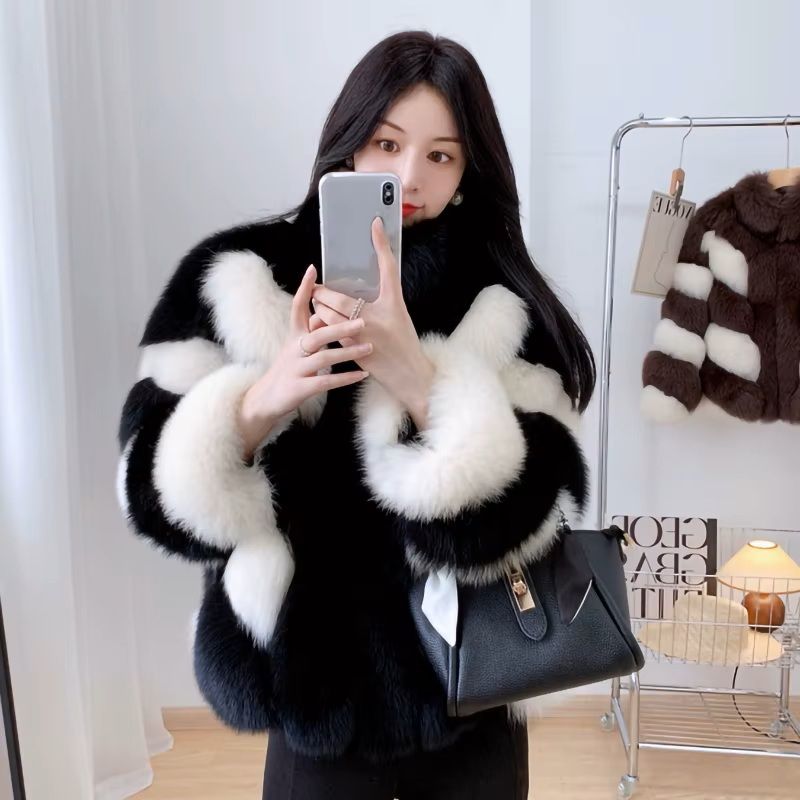 Custom Fashion Winter Thick Warm Color Matching Real Fox Fur Coat Fur Jacket