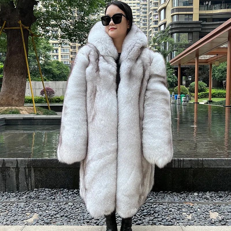 Natural Blue Canadian Fox Fur Long Coat With the Best Quality Fox Jacket