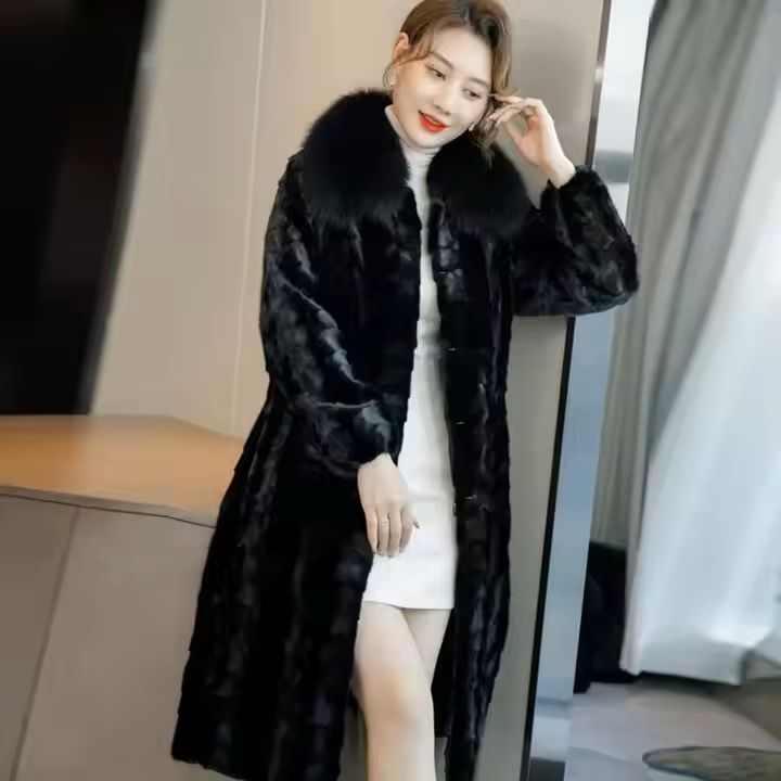 Mink Fur Coat Long Length with Fox Collar for Women