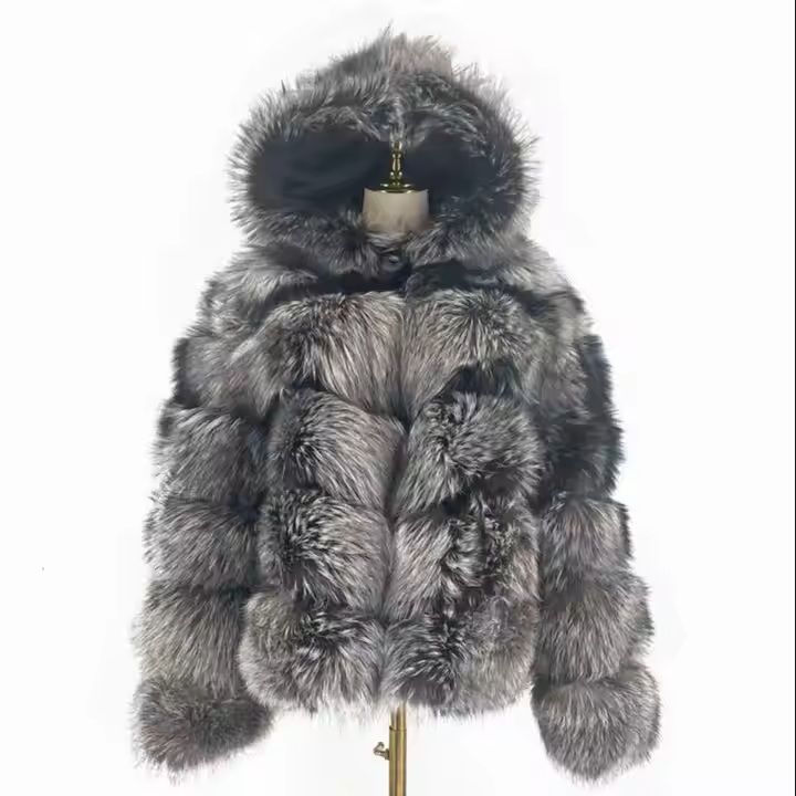 Mens Silver fox Fur Jacket  with Luxury Thick Hoodie