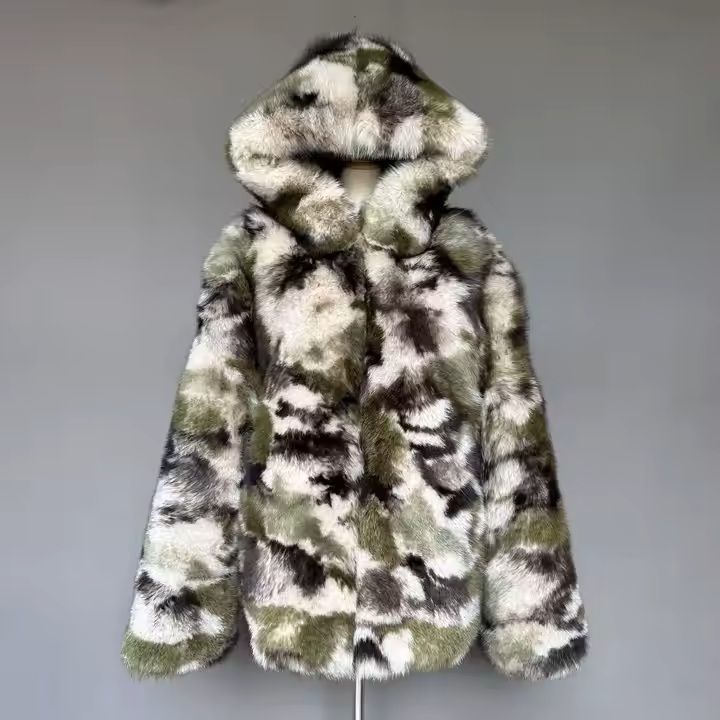 Mens High Quality Luxury Fox Fur With Hoodie Fur Bomber Coat Fashion Camo Camouflage