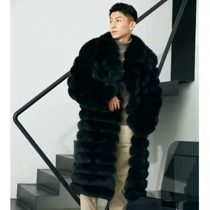Luxury Long Mens Winter Black Fox Fur Coat