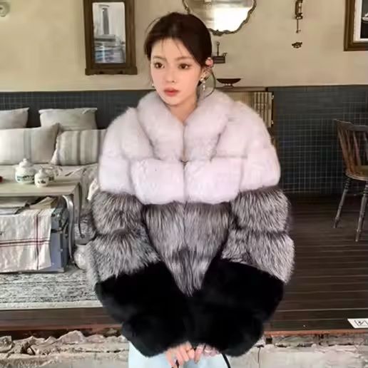 Silver fox Fur Coat Women Warm Winter Coat Natural Fluffy Thick Fox Fur Coat Stand-up Collar Jacket