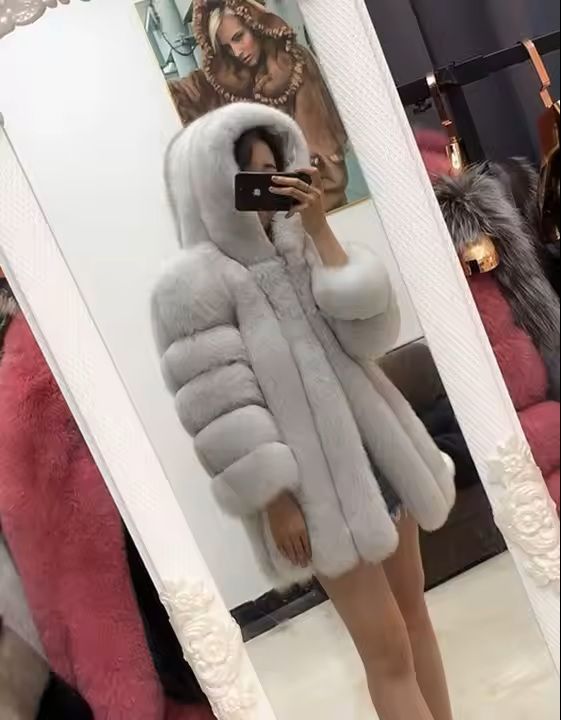Luxury Long White Fox Fur Coat Hooded