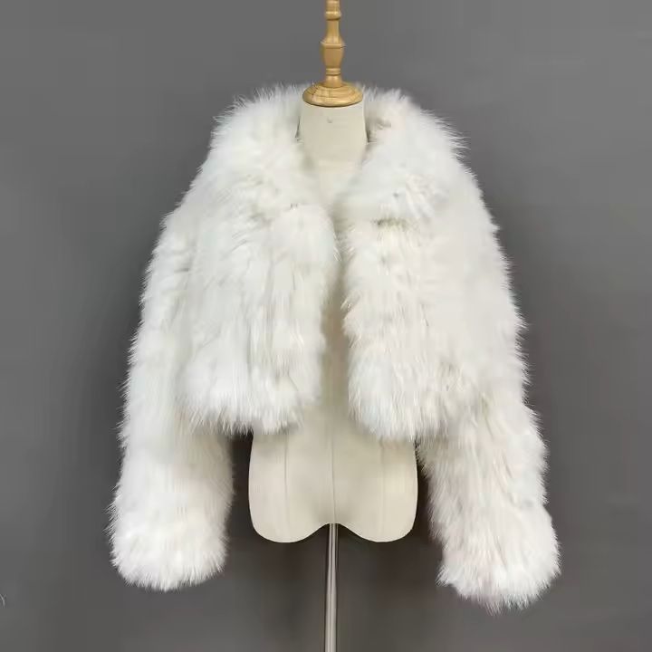 Knitted Fox Fur Short Style Fluffy Coat With Stand Collar