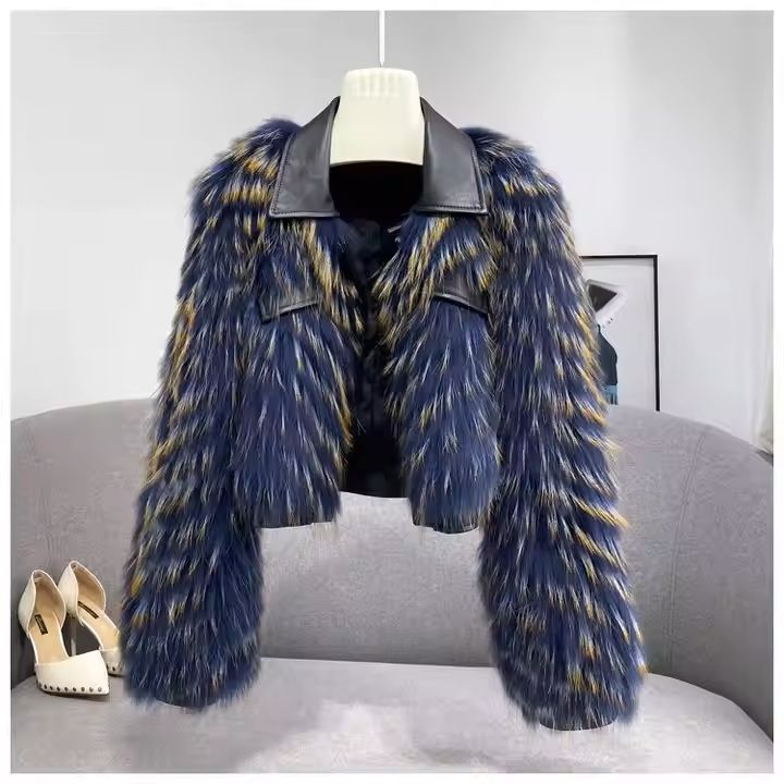 Raccoon Fur Coat Women Fashion Short Style with leather collar