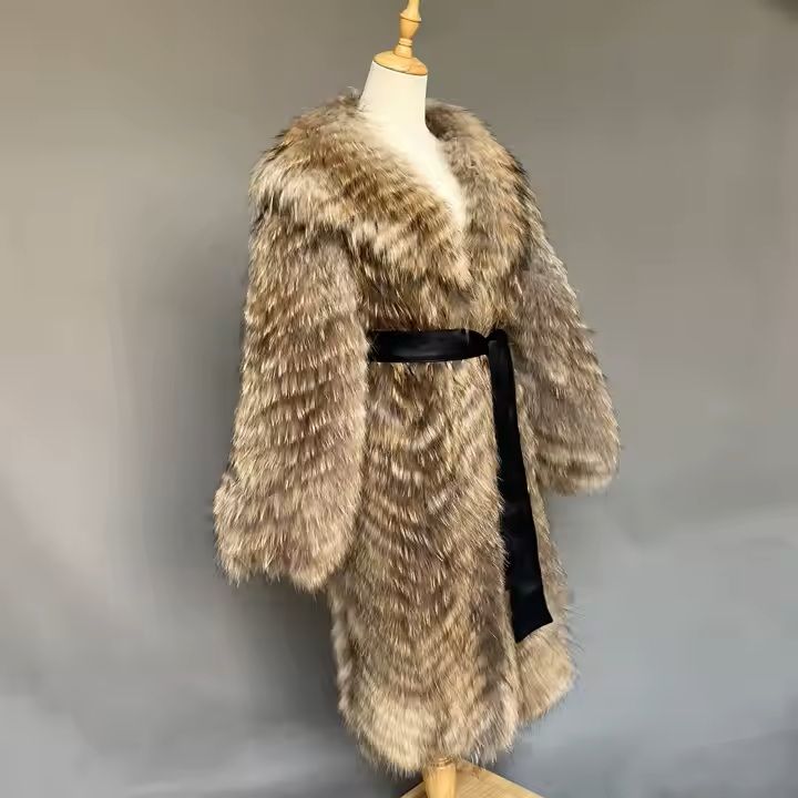 Raccoon Fur Coat Gold Long Warm Casual Fur Jacket